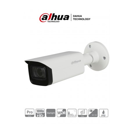 DAHUA HFW2241T-Z-A- Camara Bullet Starlight 1080p/ Lente Motorizado de 2.7 a 13.5 mm/ WDR Real 120dB/ IR 80 Mts/ Microfono Inte