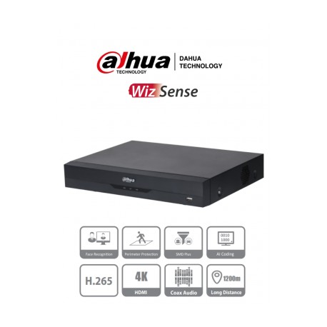 DAHUA XVR5116H-4KL-I2 – DVR de 16 Canales 4k/ WizSense/ H.265+/ 16 Canales HDCVI+ 16 IP/ Hasta 32 Ch IP/ 2 Canales de Reconocim