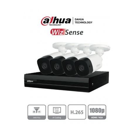 DAHUA KITXVR1B04-I1MP – Kit de 4 Canales de 1 Megapixel/ DVR Cooper-I WizSense/ Con IA/ H.265+/ 4 Camaras B1A11/ 4 Canales + 1 