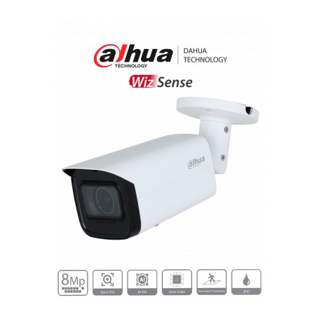 DAHUA IPC-HFW3841T-ZAS-S2 Cámara IP Bullet 4K de 8 MP, lente motorizado 2.7-13.5 mm, ángulo 109°, IR 60m, IA WizSense, Detecció